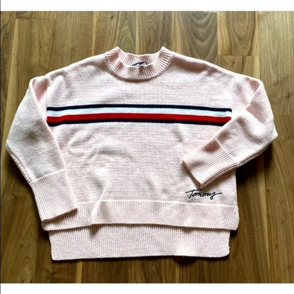 Womens Tommy Hilfiger Y2K Sz Small Sweater Crop Knit Hi Low Pink Stripe Logo EUC - Picture 3 of 7